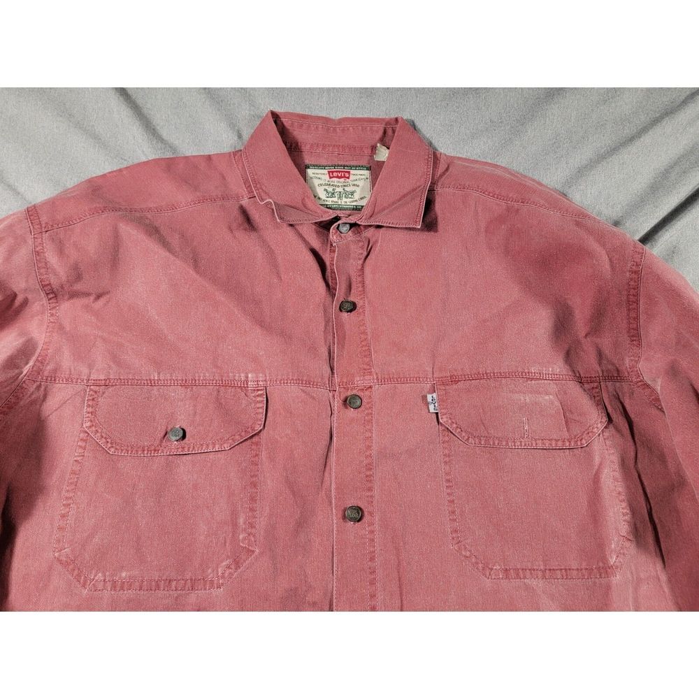 VTG 90s Levis Metal‎ Button Front Long Sleeve Faded Red White Tab Shirt XL